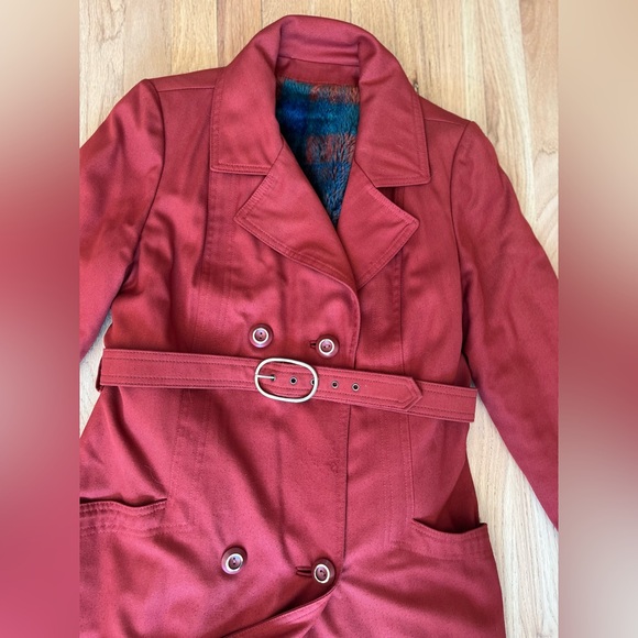 Vintage Union Made Plaid Faux Fur Lined Belted Trench Rust Color - Picture 3 of 11
